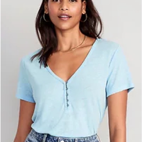 NWT Old Navy Linen-Blend V-Neck Henley T-Shirt Blue Tranquility SIZE LARGE - Picture 5 of 8